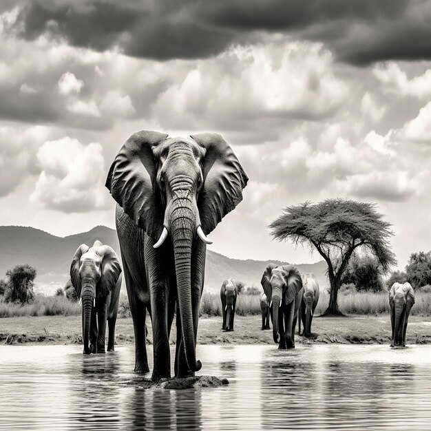 African Panoramic Elephants Generative AI