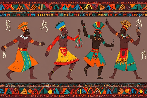 Photo african people dance on traditional ethnic pattern ornament warriors and shaman dancing