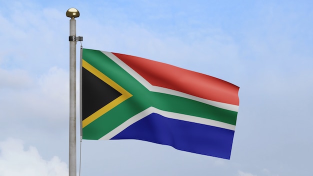 African RSA flag waving in wind with blue sky. Close up of South Africa banner blowing, soft silk. Cloth fabric texture ensign background. Use it for national day and country occasions concept.