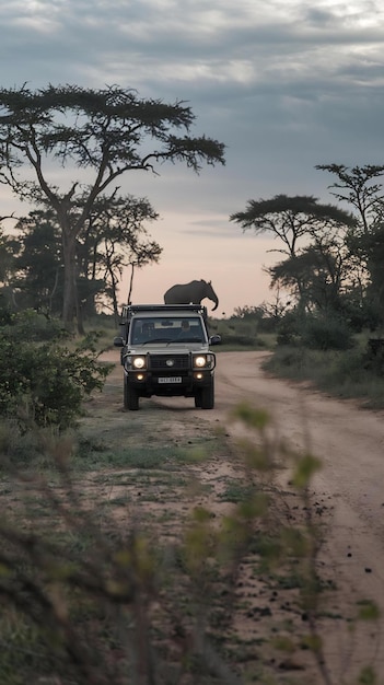 Photo african safari adventure with elephants and vehicle