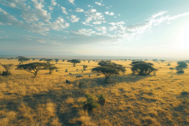 Photo african savanna landscape with scattered acacia trees and grazing wildlife at sunrise