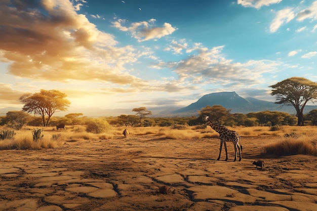 African Savanna Sunset with Giraffe