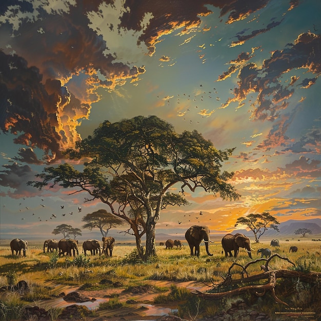 An African savanna with extraordinary elephants meandering wholeheartedly under the colossal open sk