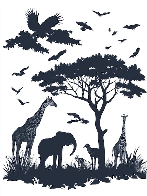 Photo african savannah silhouette with giraffes elephant and birds