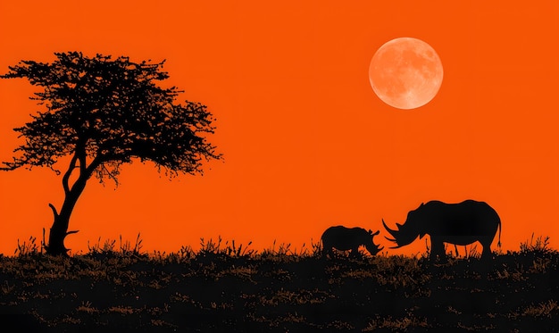 African savannah with rhinoceros at sunset vector illustration