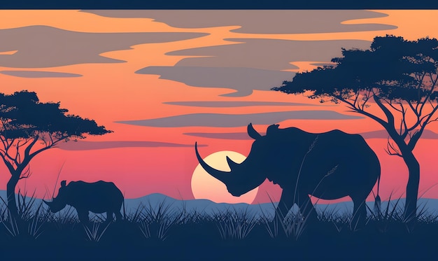 African savannah with rhinoceros at sunset vector illustration