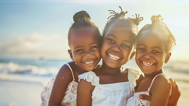 African sisters twins playing on the beach with smiling mother Main focus on right Generative AI