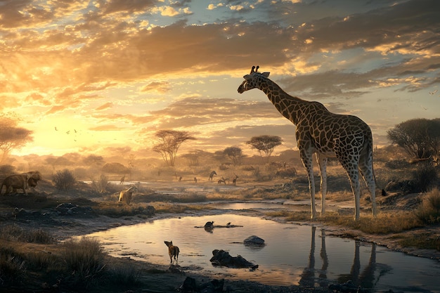 African Sunset Landscape with Giraffe