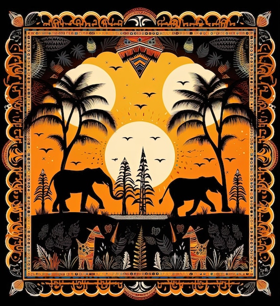 an african tribal design that features elephants palm trees and other things