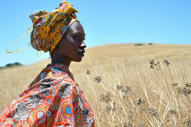 african tribe woman wearing traditional dress with the grass field view