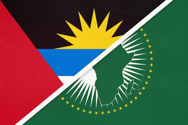 African Union and Antigua and Barbuda national flag from textile Africa continent vs Antiguan symbol