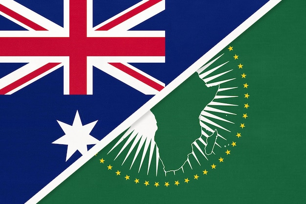 African Union and Australia national flag from textile Africa continent vs Australian symbol