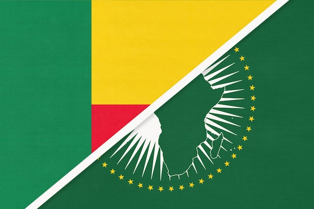 African Union and Benin national flag from textile Africa continent vs Beninese symbol