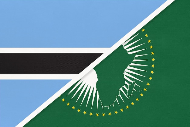 African Union and Botswana national flag from textile Africa continent vs Batswana symbol