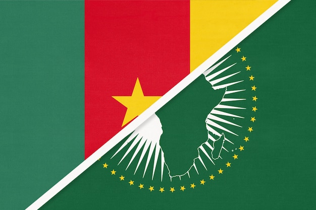 African Union and Cameroon national flag from textile Africa continent vs Cameroonian symbol