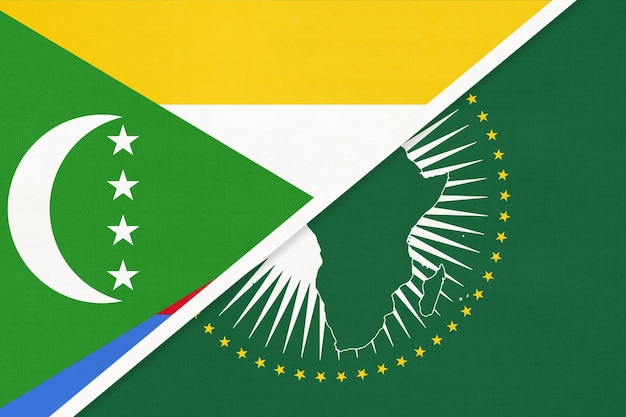 African Union and Comoros island national flag from textile Africa continent vs Comorian symbol