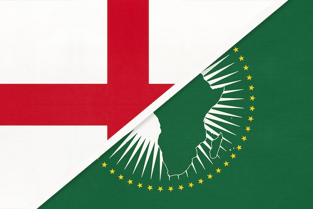 African Union and England national flag from textile Africa continent vs English symbol