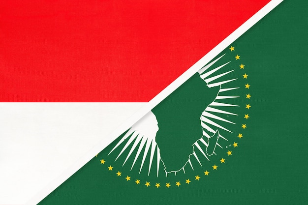 African Union and Indonesia national flag from textile Africa continent vs Indonesian symbol