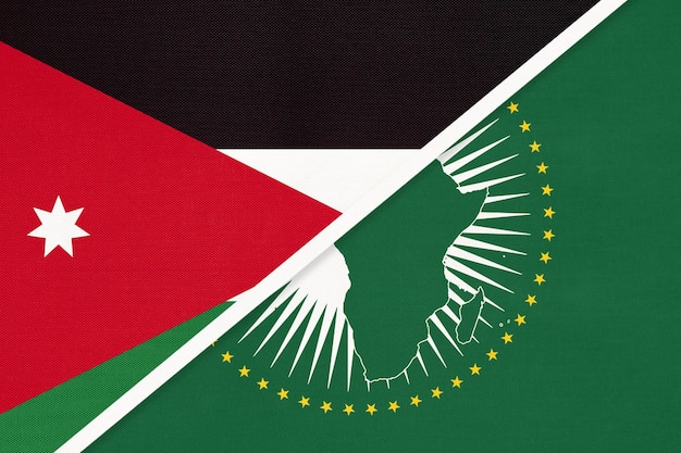 African Union and Jordan national flag from textile Africa continent vs Jordanian symbol