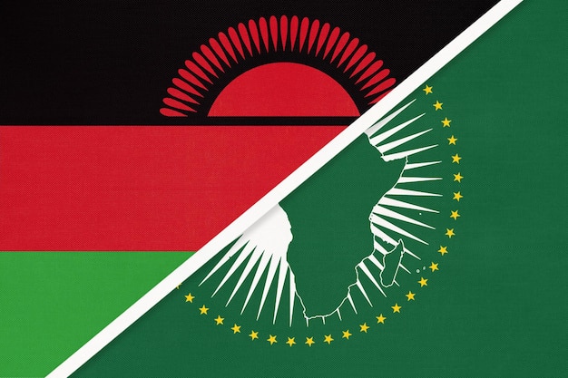 African Union and Malawi national flag from textile Africa continent vs Malawian symbol