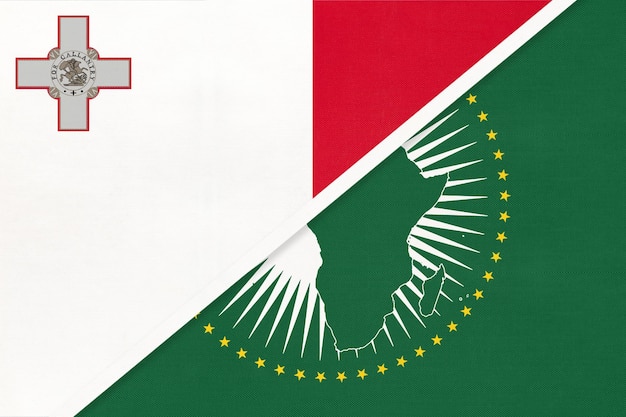 African Union and Malta national flag from textile Africa continent vs Maltese symbol