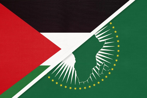 African Union and Palestine national flag from textile Africa continent vs Palestinian symbol