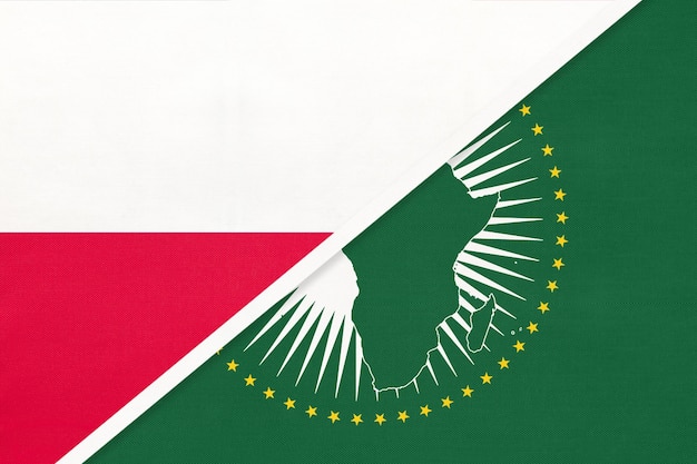 African Union and Poland national flag from textile Africa continent vs Polish symbol