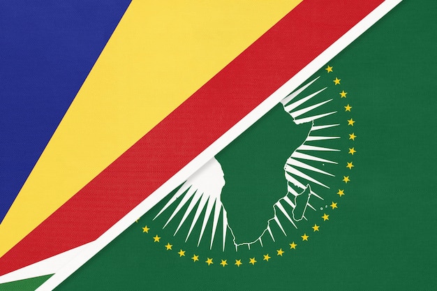 African Union and Seychelles national flag from textile Africa continent vs Seychellois symbol