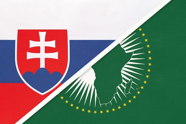 African Union and Slovakia national flag from textile Africa continent vs Slovak symbol