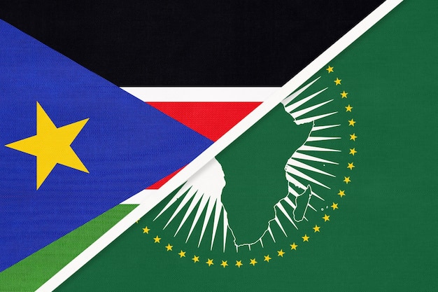 African Union and South Sudan national flag from textile Africa continent vs Sudanese symbol