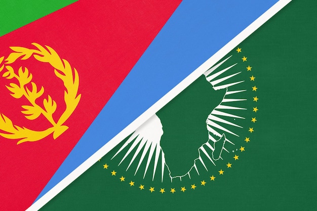 African Union and State of Eritrea national flag from textile Africa continent vs Eritrean symbol