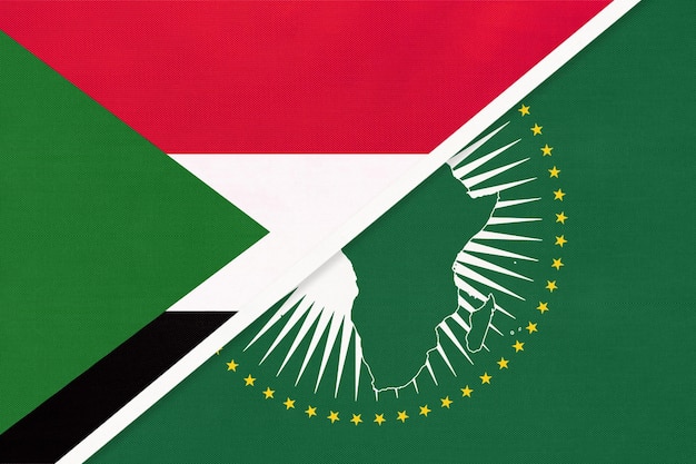 African Union and Sudan national flag from textile Africa continent vs Sudanese symbol