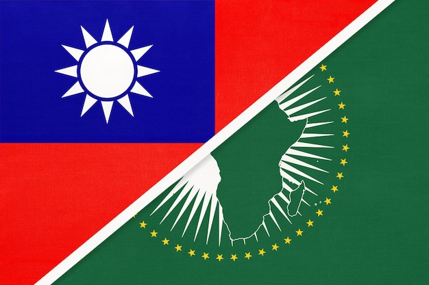 African Union and Taiwan or Republic of China national flag from textile Africa continent vs Taiwanese symbol