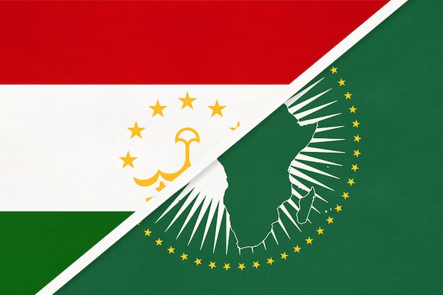 African Union and Tajikistan national flag from textile Africa continent vs Tajikistani symbol