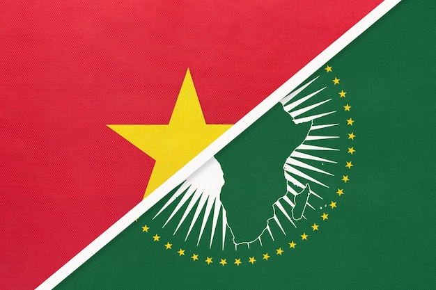 African Union and Vietnam national flag from textile Africa continent vs Vietnamese symbol