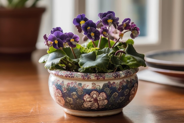 African Violet With Small Colorful Blooms In A Vintage Generative AI