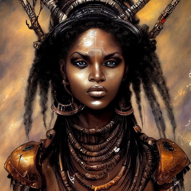 African warrior woman retrofuturist portrait illustration