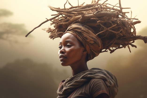 African woman carrying a bundle of firewood on Generative ai