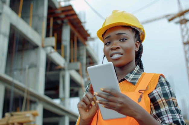 African woman engineer uses technology at construction site