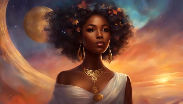 African woman Fantasy lovely African queen Fictional dramatic scene Gold jewelry