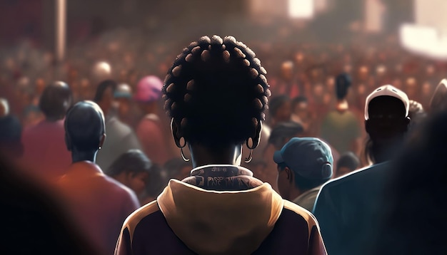 African woman from back view who standing in the middle crowd of people with Generative AI