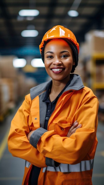 African woman in her 30s smiling happy working in a factory