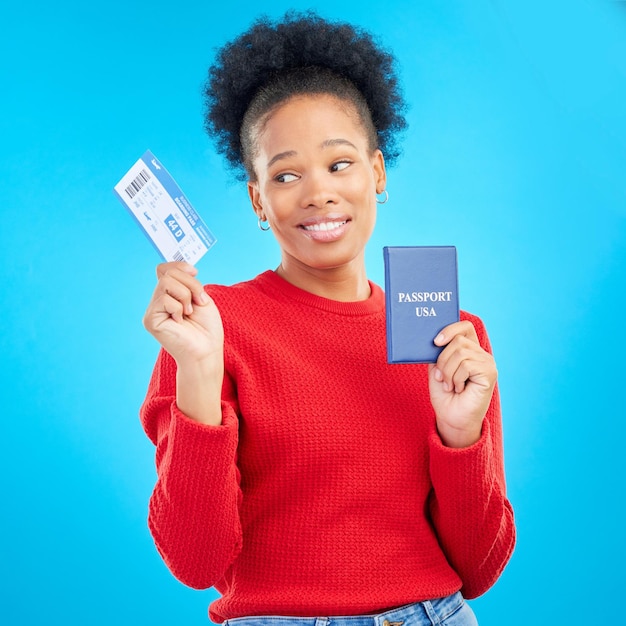 African woman passport and thinking in studio with plane ticket doubt or decision for travel by blue background Gen z girl student and ideas with paperwork for international immigration to USA