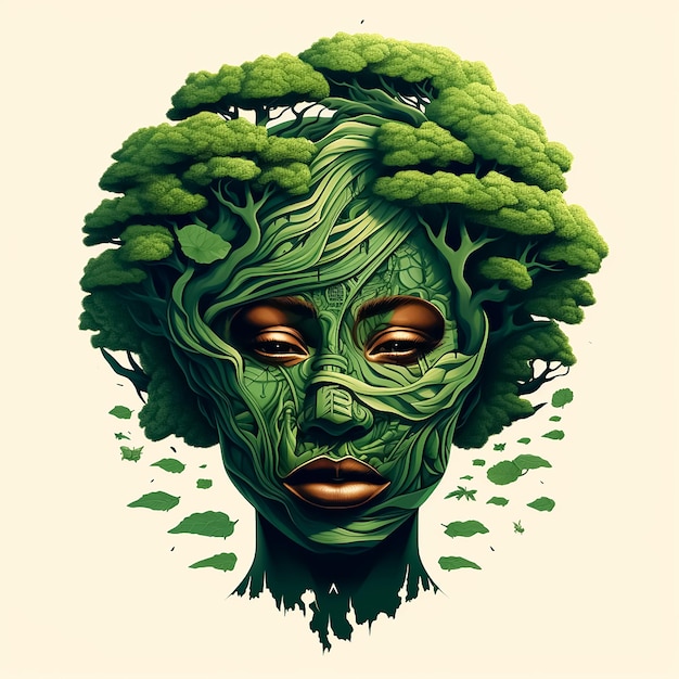 African woman's head in tree leaves