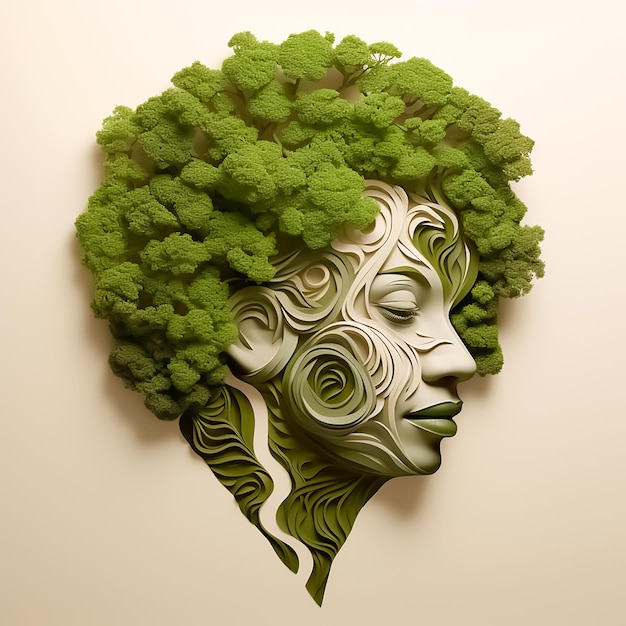 African woman's head in tree leaves