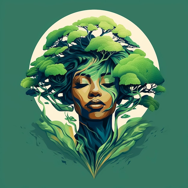 African woman's head in tree leaves