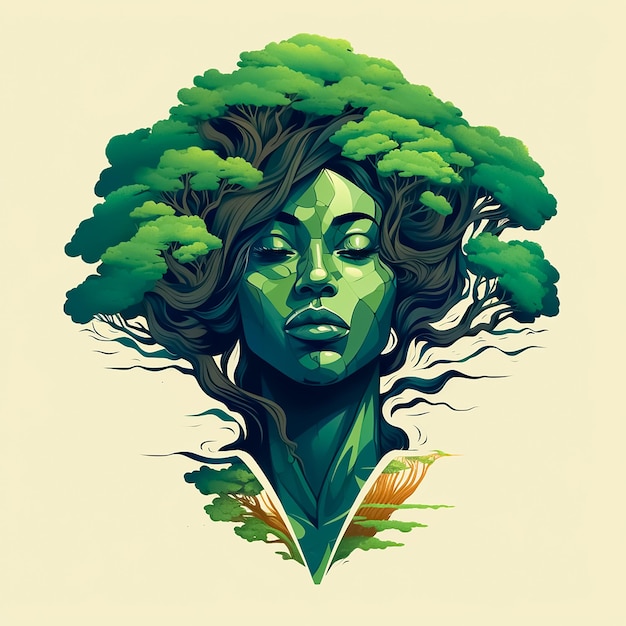 African woman's head in tree leaves