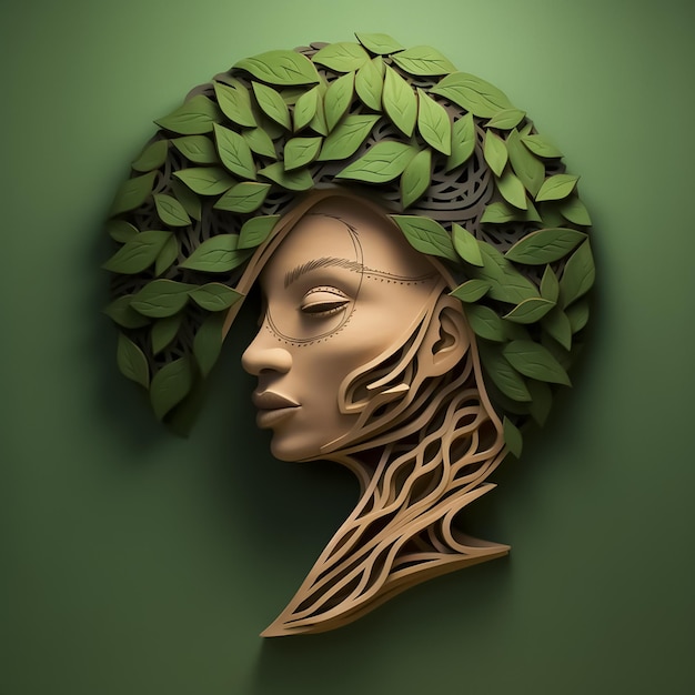 African woman's head in tree leaves