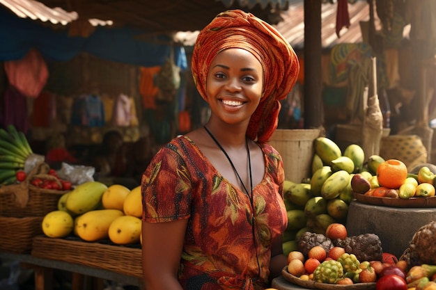 African woman selling vibrant fruits at a local Generative ai