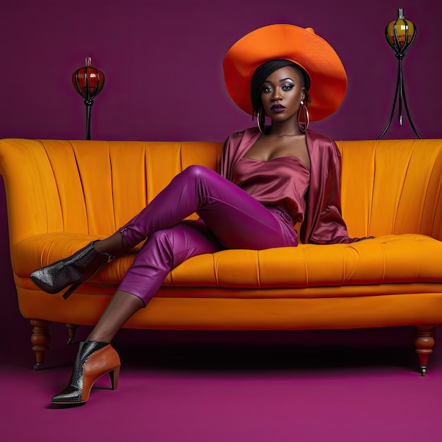 African woman wearing Halloween clothes sitting on the couch